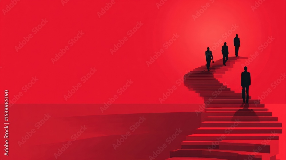 Poster visual representation of a staircase leading to business success with figures ascending against a bo