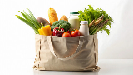 A reusable grocery bag filled with fresh produce including vegetables and dairy products on white background