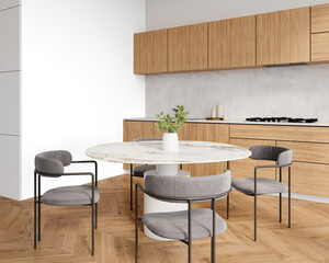 Close Up Dining and Kitchen Interior in Contemporary Style – Transparent Wall Mockup PNG with Realistic Shadows – 3D render