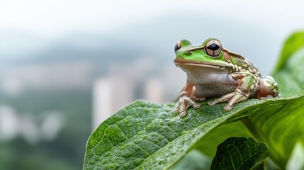 A curious frog perched on a leaf, with a white isolated background