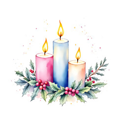 Watercolor illustration of lit christmas candles surrounded by holly and berries  PNG file isolated on transparent background cut out, clipping path, social media.
