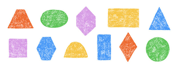 Crayon hand drawn colorful geometric shapes set. Pencil or charcoal texture. Circle, square, triangle and rectangle. Vector texture illustration