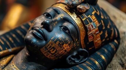 A detailed view of a Pharaoh sarcophagus with gold inlays and ancient symbols 
