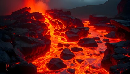 A volcanic eruption with the molten lava flows