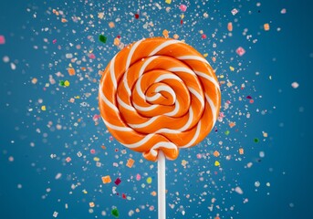 Vibrant Orange and White Swirl Lollipop with Confetti Burst