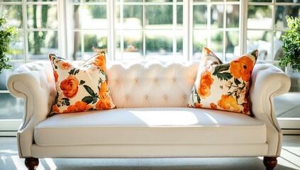 White tufted sofa with floral pillows by large window
