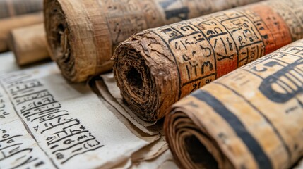 A detailed view of papyrus scrolls filled with hieroglyphic wisdom 