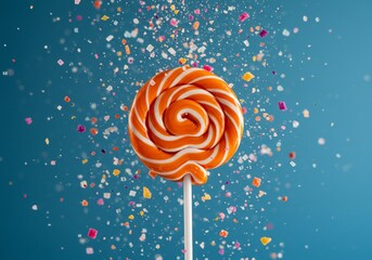 Orange and White Swirled Lollipop with Colorful Confetti Burst