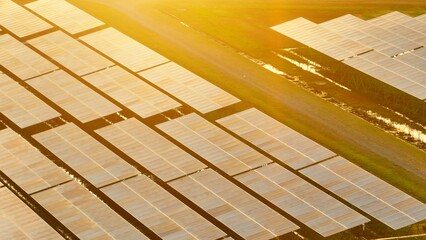 Bird’s eye perspective showing extensive solar panel arrays shining under warm sunlight,...