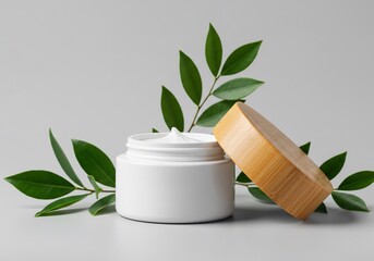 White Cream Jar with Wooden Lid and Green Leaves on Gray Background
