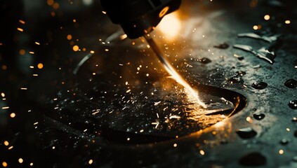 Close-up of a cutting tool burning through metal, sparks flying