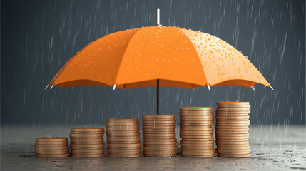Orange Umbrella Protecting Stacks of Gold Coins in Rain