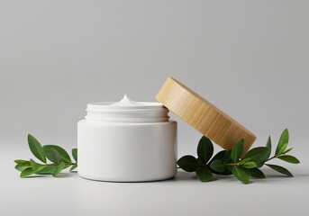Minimalist skincare: White cream jar with wooden lid and green leaves on a gray background