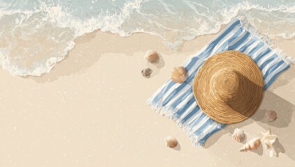 Overhead view of a sandy beach with gentle waves lapping a blue-striped towel, a straw hat, and seashells