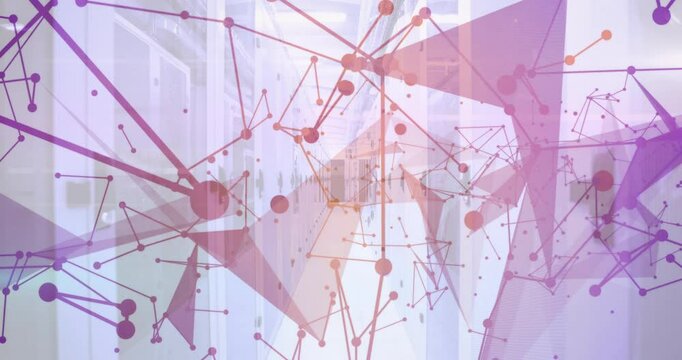 Faint orange lines starting network overlay linking pulsing nodes visualizing data flow in corridor