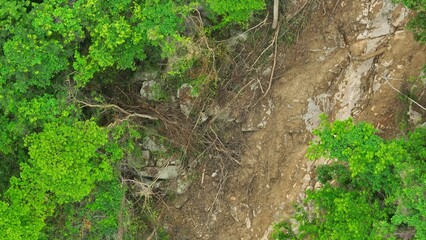 Bird’s eye view showing landslide damage in a forested area, emphasizing climate change’s role...
