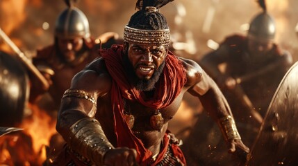 A dramatic scene of ancient Egyptian warriors charging on chariots