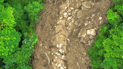 Drone aerial view of a landslide area showing uprooted trees, mud, and debris, highlighting the destructive power of natural disasters on forested landscapes and ecosystems. Thailand.
