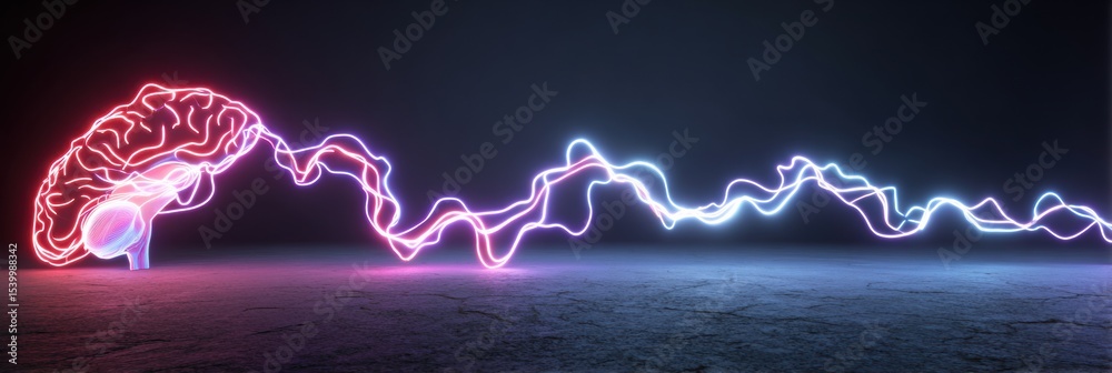 Poster neon lights create a striking visual of brain nerves over a dark, textured surface