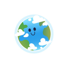 Cartoon Earth Character. Happy Planet. World earth day symbol. Cute globe among the clouds. Vector  illustration