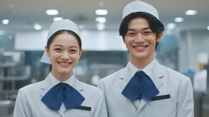 Two young friendly employees wearing business uniforms and smiling happily while posing together in a modern office environment