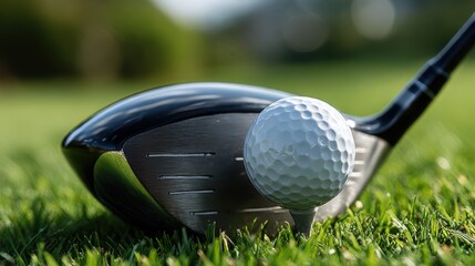 Golf club and ball positioned on tee in a sunny outdoor setting ready for a drive shot on a pristine green fairway