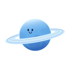 Cute Uranus planet character. Cartoon planet of the Solar system. Funny space object with rings. Vector illustration