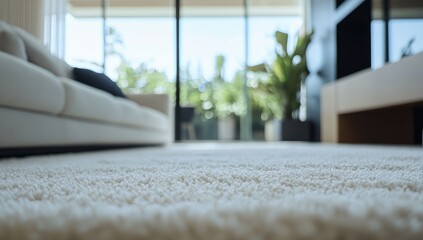Cream carpet in modern living room.  Blurred view of sofa, patio