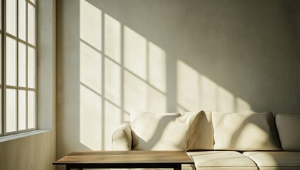 Sunlight streams into a minimalist room, casting shadows on a cream-colored sofa and wall. A wooden coffee table sits in front of the sofa