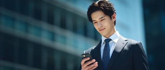 Portrait of a young serious looking businessman standing in a modern office building intently focused on his smartphone while communicating or accessing information