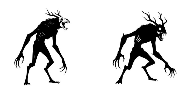 Two black silhouettes of monstrous, skeletal creatures with antlers and claws.