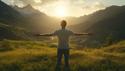 Man with arms outstretched, enjoying mountain vista at sunset