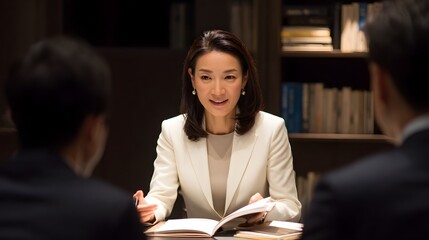 Japanese business woman in a middle aged or senior management role giving a presentation or explanation to colleagues in a conference room setting with an emphasis on teamwork strategy