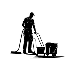 Silhouette of a janitor mopping floor with cleaning cart beside”