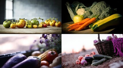 Vegetables depicted tomatoes, carrots, eggplants, apples, and zucchini in four shots