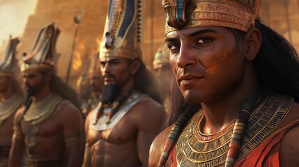 A grand coronation of a young Pharaoh with priests and nobles, golden sunlight