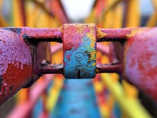 Close-up of brightly painted metal bridge supports