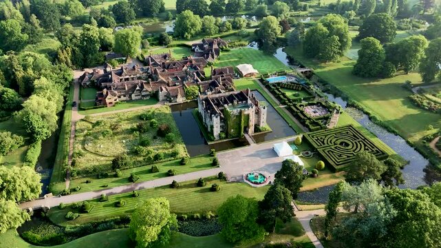 Fly over the enchanting Hever Castle, nestled in serene gardens and history. Aerial drone footage that transports your audience to a fairytale world of royal romance.