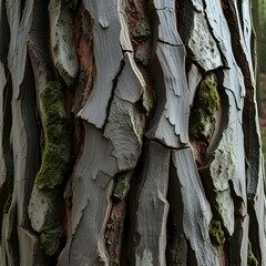 Extreme close-up of deeply fissured tree bark,  showcasing rough textures,  moss and lichen growth