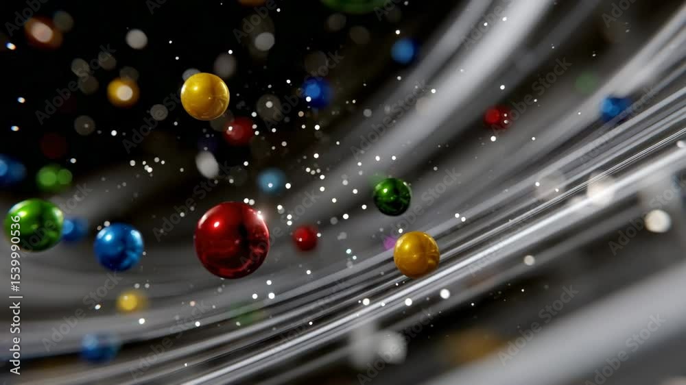 Poster Numerous colorful marbles flying in the air and dispersing to form an abstract silver swirling vortex with some white particles floating around it.