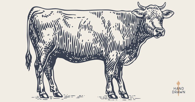 Cow, bull, beef. Retro style beef bull sketch, vintage cow drawing black white, old ink pencil artwork. Bull silhouette, side view cow profile, engraved beef print. Vector Illustration