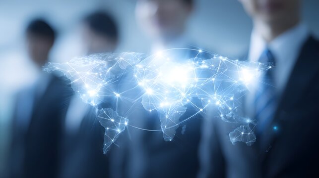 Diverse team of international professionals collaborating through a global business network utilizing the latest technology and digital solutions