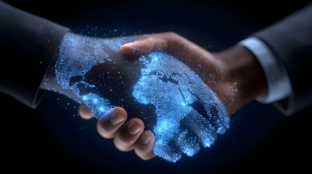 Hands shaking with a digital world map in the background symbolizing a global partnership and technological connection in business and industry