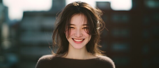 Portrait of a smiling woman with a warm friendly and upbeat expression exuding an inviting and captivating presence