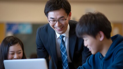 A group of students and their teacher engaged in collaborative learning activities using a laptop to support their discussions and project work in the classroom