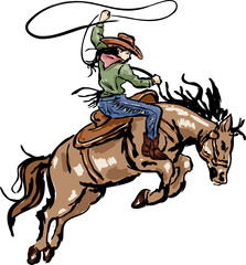 Wild west cowboy and cow girl Rodeo riding horse illustration