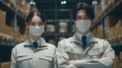 Two employees in white protective uniforms working together to inspect and maintain order in a warehouse or industrial facility