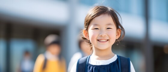 A cheerful and energetic Japanese elementary school student walking along the sidewalk radiating a sense of progress and positivity