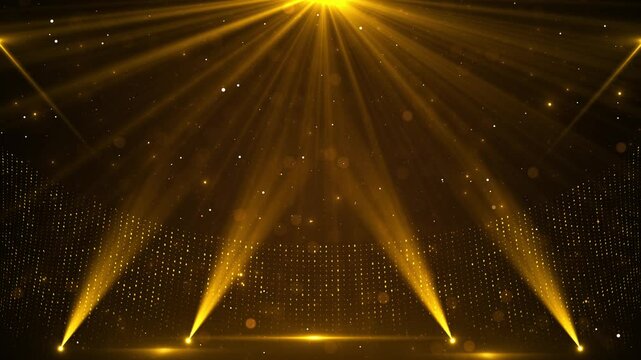 3D Golden spotlight lines glitter Particle, luxury awards ceremony background, Oscar awards performance Award party stage stage glitter animation. stars, lights and particles. Luxury gold light streak