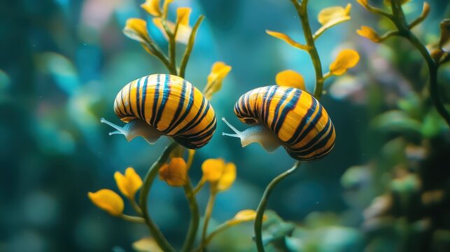 Aquarium Snails. Two Ampularia Snails Eating Algae on Walls of Plant-Filled Aquarium